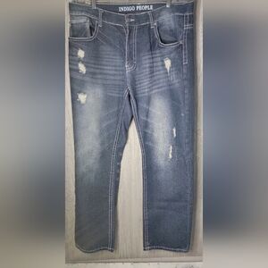 Indigo People Mens distressed jeans, dark wash, size 36/32 cotton/poly blend.